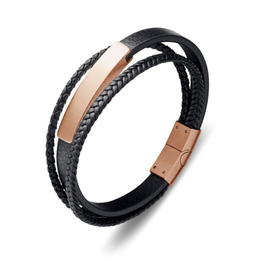 BLAZE Black Leather Rose Gold Stainless Steel Bracelet