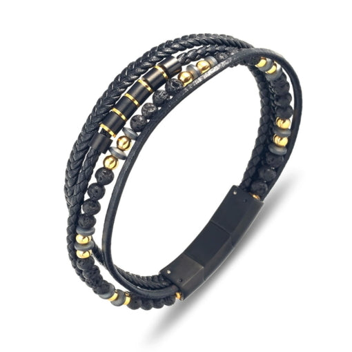 BLAZE Leather Stainless Steel Multi-Strand Beaded Bracelet Black & Gold