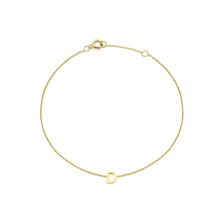 9K Yellow Gold Mini Initial 'D' Bracelet 15.5-19cm