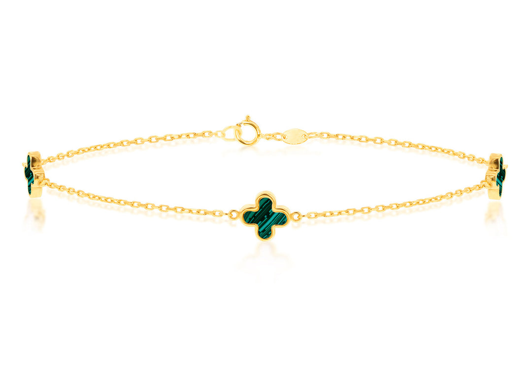 9K Yellow Gold 3 Malachite Petal Bracelet 19 cm