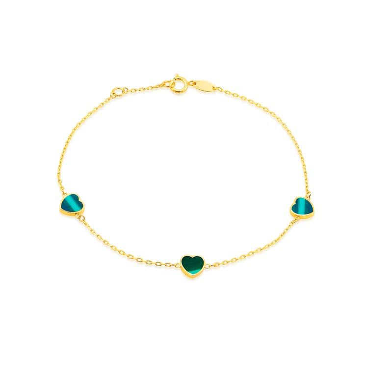 9K Yellow Gold Malachite Heart Bracelet 19cm - B & S Lyncris Jewellers