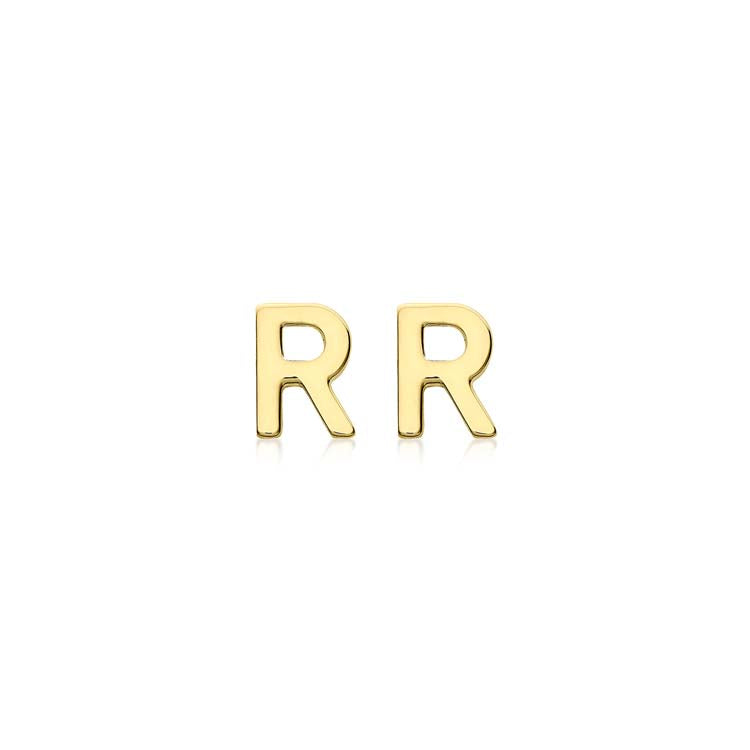 9K Yellow Gold Mini Initial 'R' Stud Earrings