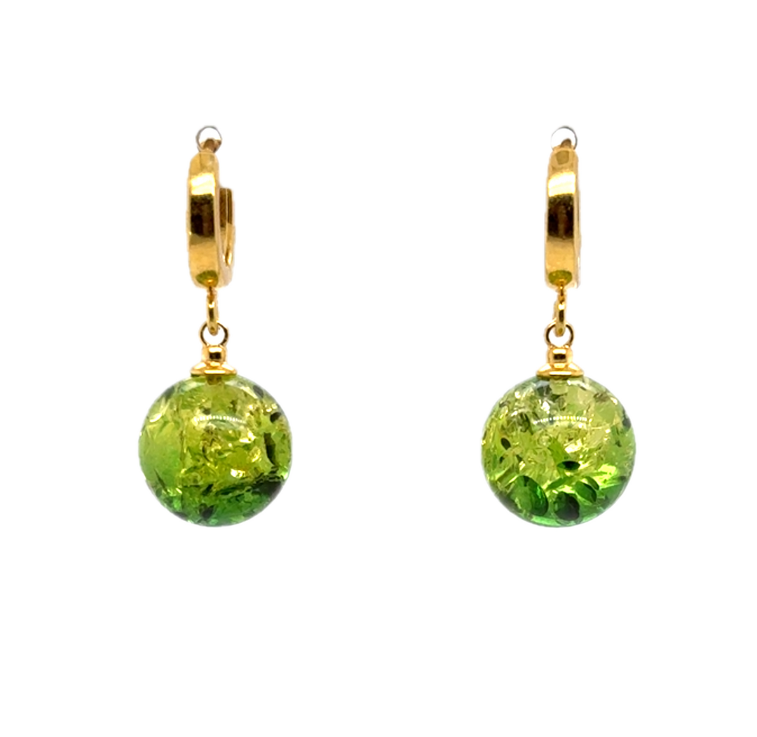 Gold Plated Green Baltic Amber Drop Ball Earrings