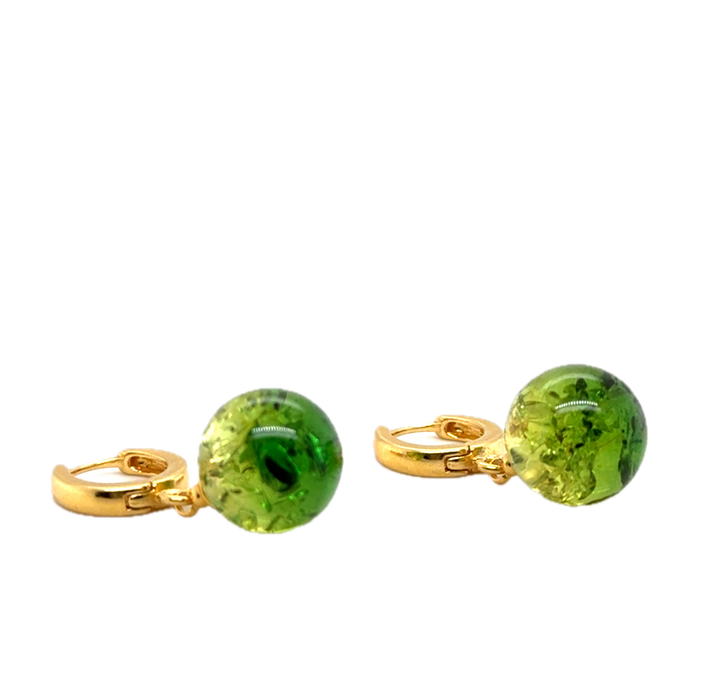 Gold Plated Green Baltic Amber Drop Ball Earrings