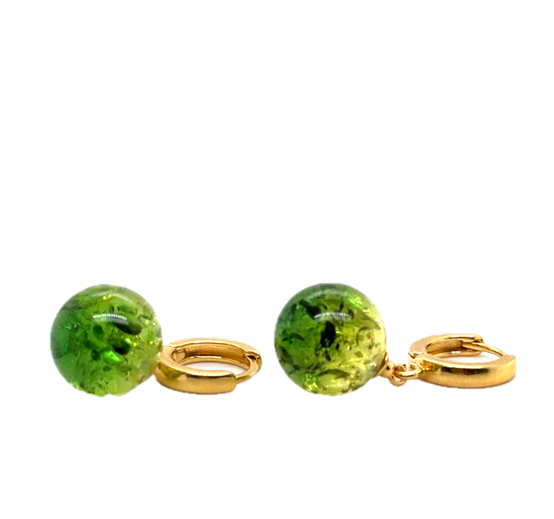 Gold Plated Green Baltic Amber Drop Ball Earrings