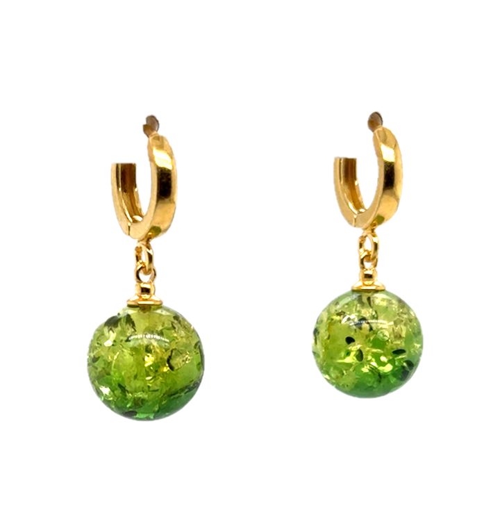 Gold Plated Green Baltic Amber Drop Ball Earrings