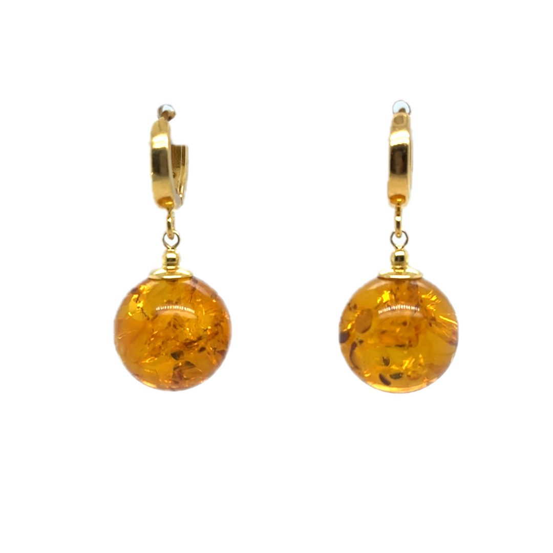 Gold Plated Baltic Amber Drop Ball Earrings