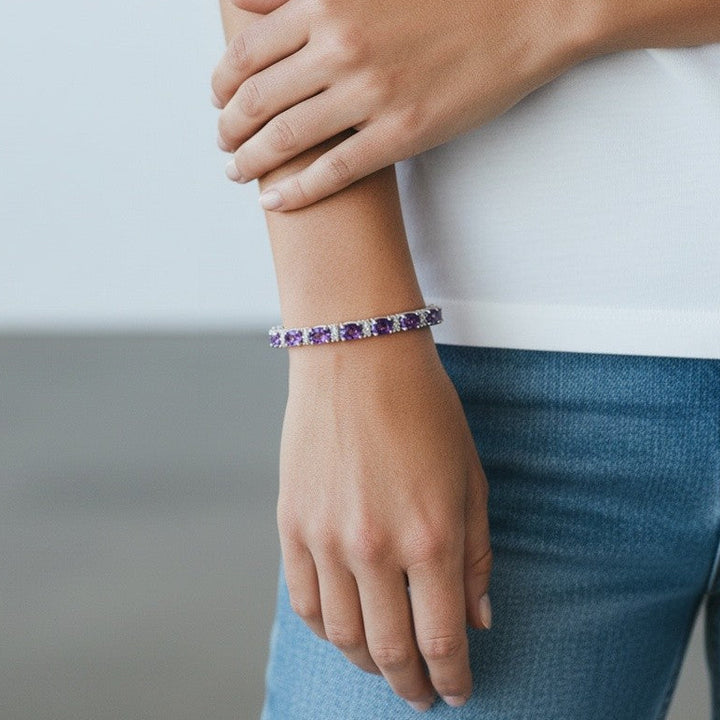 Sterling Silver Oval Amethyst &amp; CZ Tennis Bracelet
