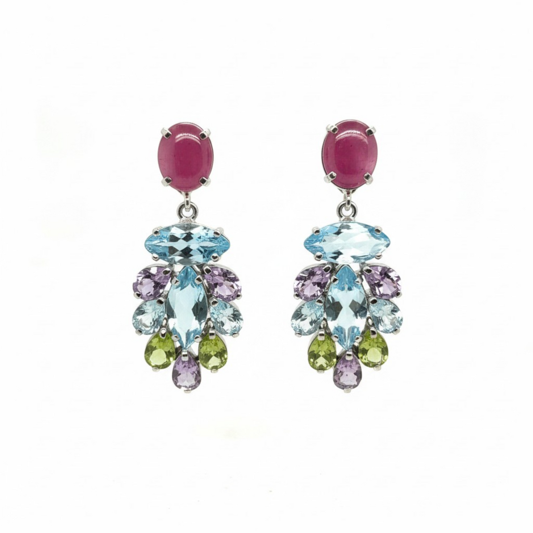 Sterling Silver Multi-colour Natural Gem Drop Earrings