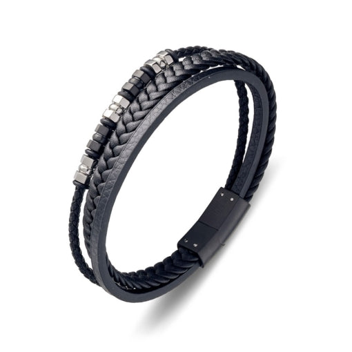 BLAZE Black Leather Stainless Steel Multi-Strand Bracelet