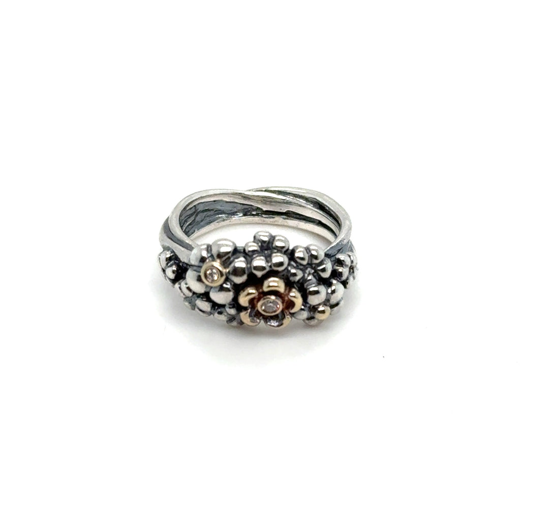 Pandora Diamond Flower Ring Silver and Gold