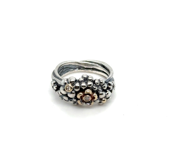 Pandora Diamond Flower Ring Silver and Gold