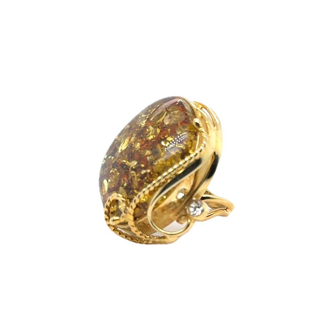 Gold Plated Baltic Amber Large Adjustable Ring