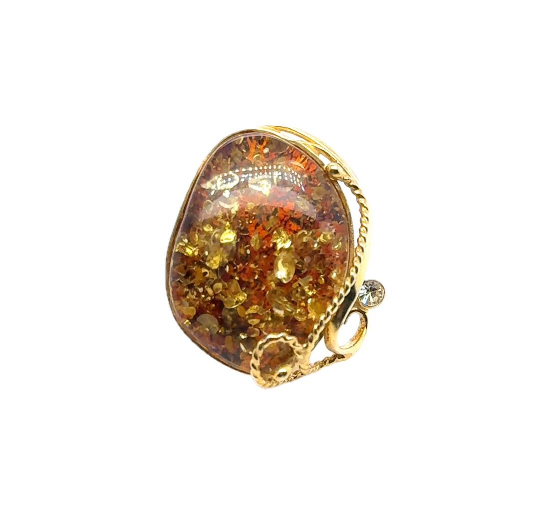 Gold Plated Baltic Amber Large Adjustable Ring