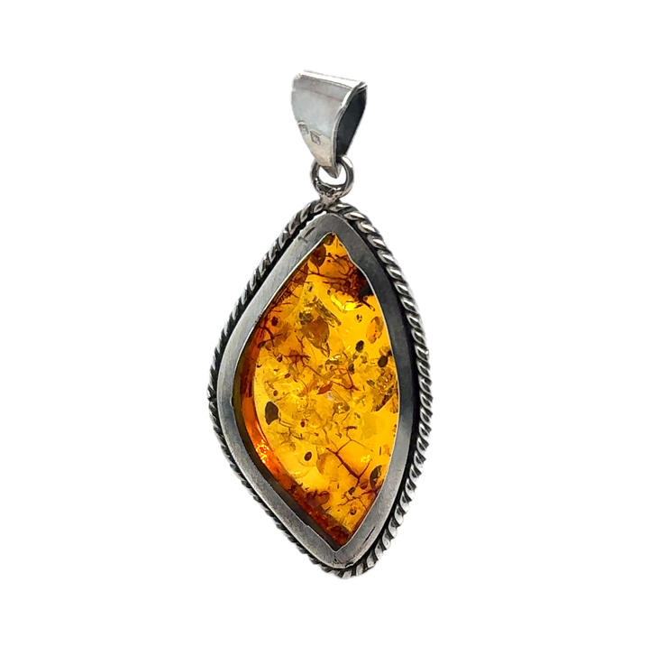 Oxidised Sterling Silver Baltic Amber Large Pendant