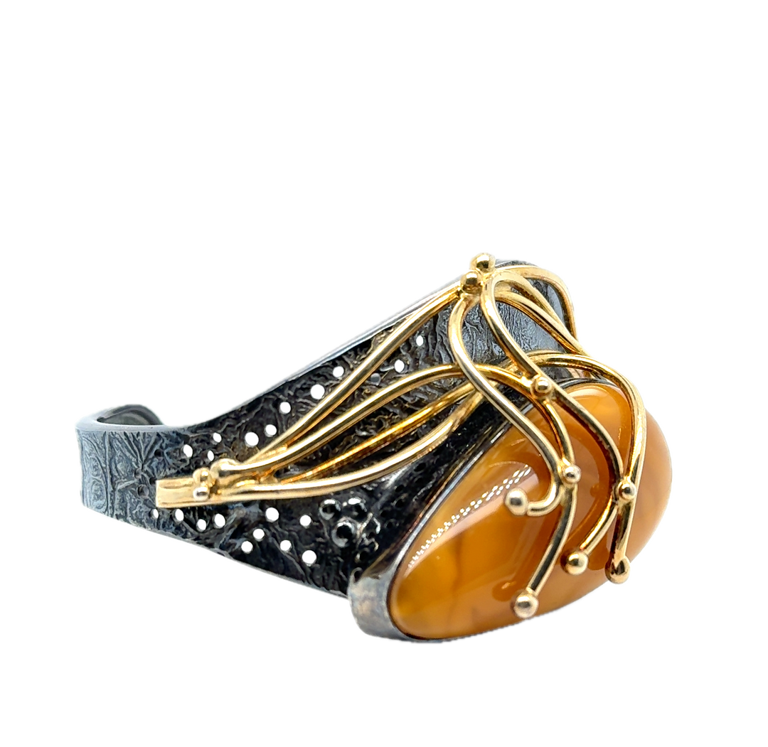 Black Rhodium Plated Silver Baltic Amber Cuff Bangle