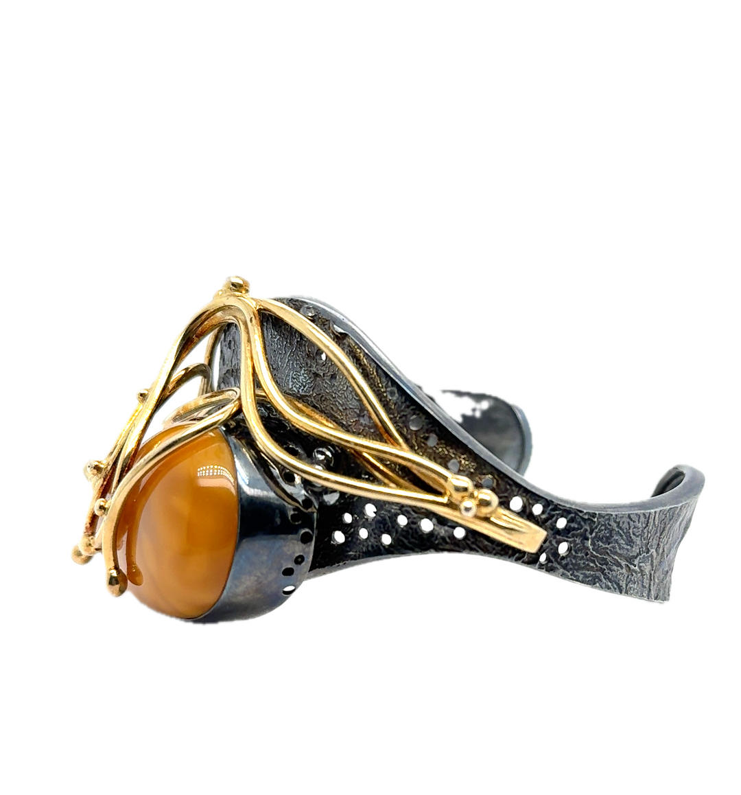 Black Rhodium Plated Silver Baltic Amber Cuff Bangle