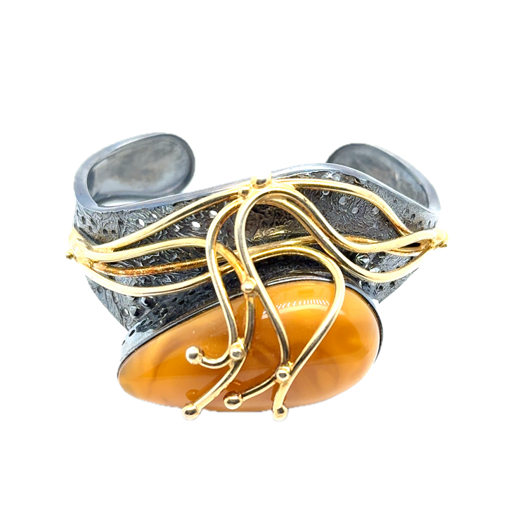 Black Rhodium Plated Silver Baltic Amber Cuff Bangle