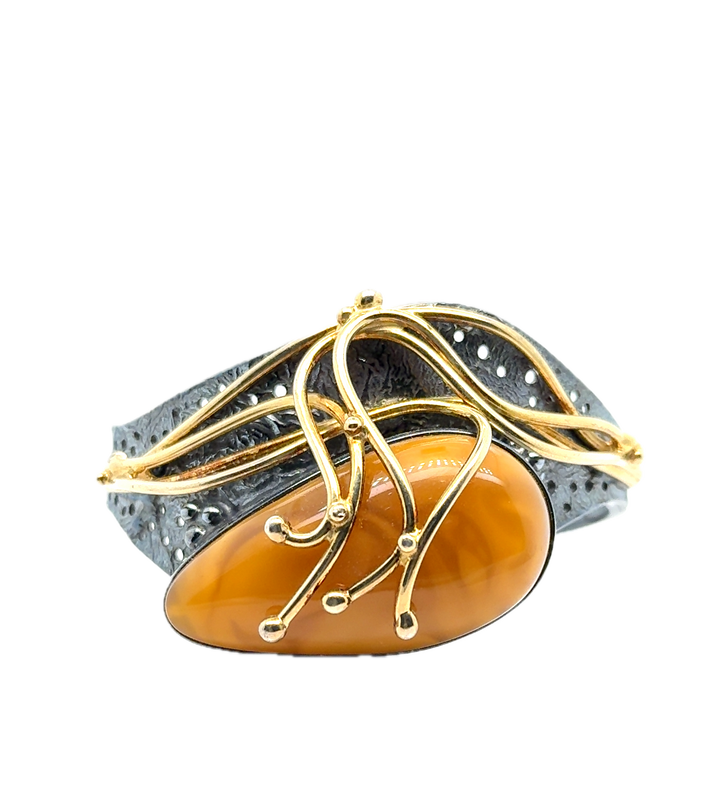 Black Rhodium Plated Silver Baltic Amber Cuff Bangle