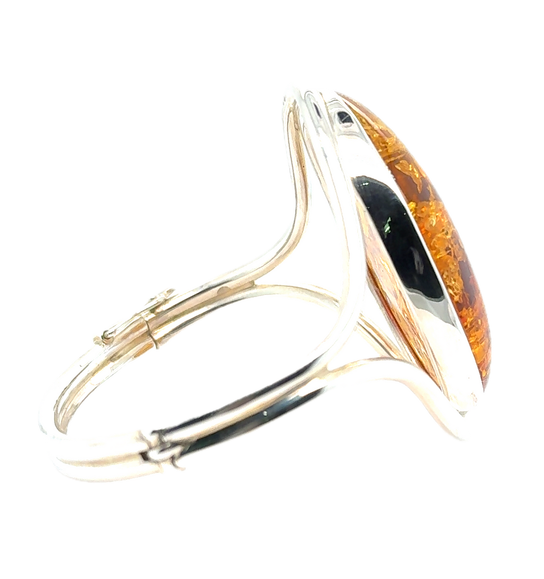 Sterling Silver Baltic Large Amber Hinged Bangle