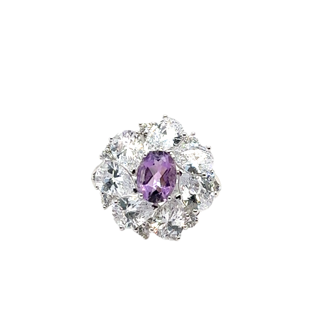 Sterling Silver Fancy Cluster Amethyst Ring