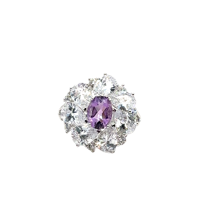 Sterling Silver Fancy Cluster Amethyst Ring