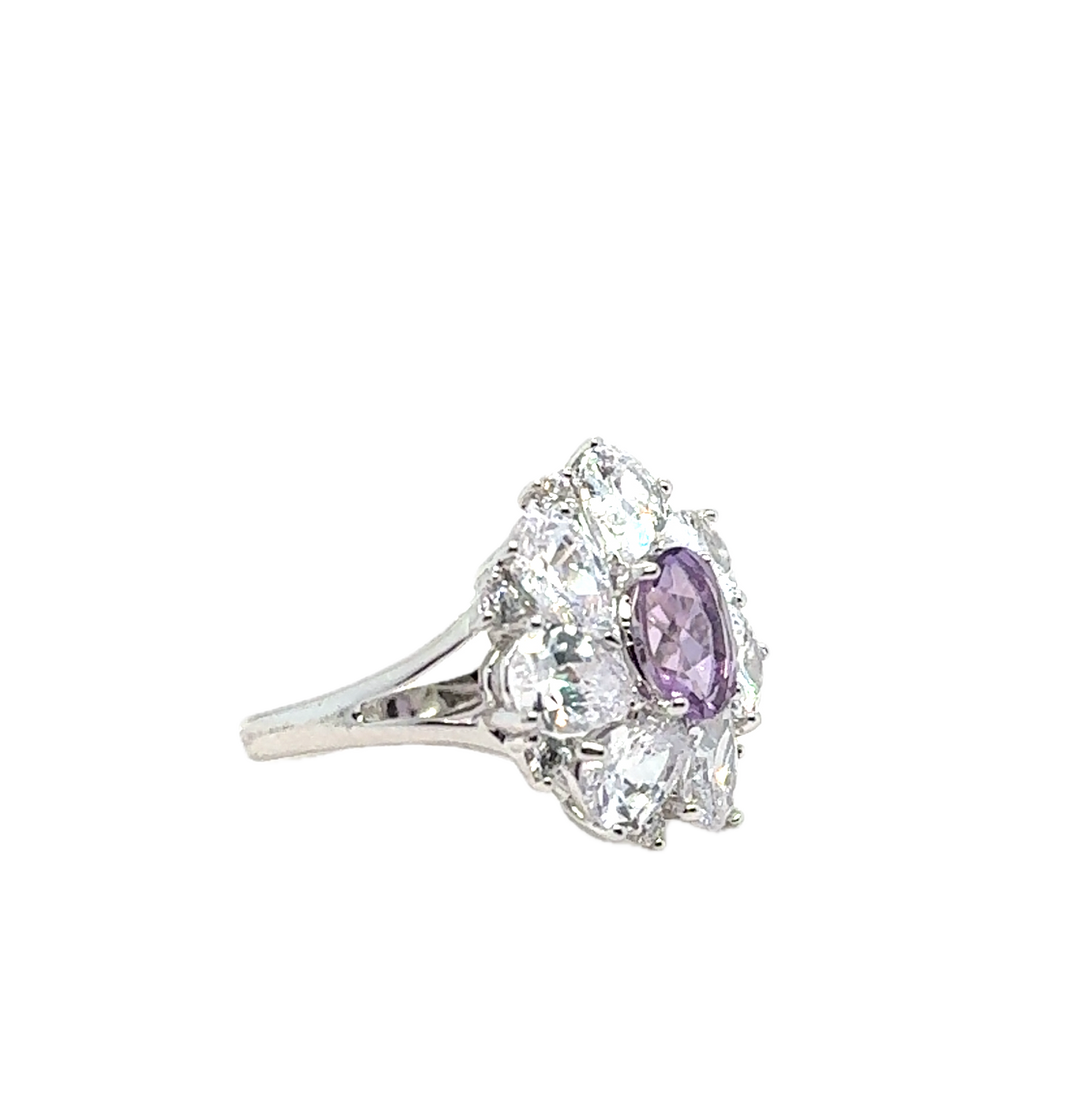 Sterling Silver Fancy Cluster Amethyst Ring