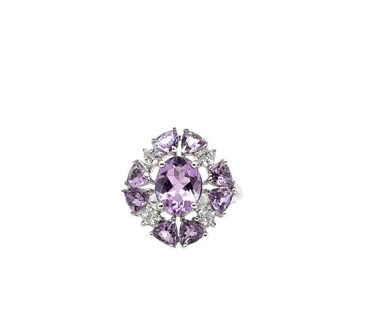 Sterling Silver Fancy Cluster Amethyst Ring