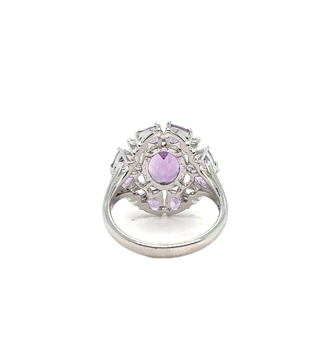 Sterling Silver Fancy Cluster Amethyst Ring