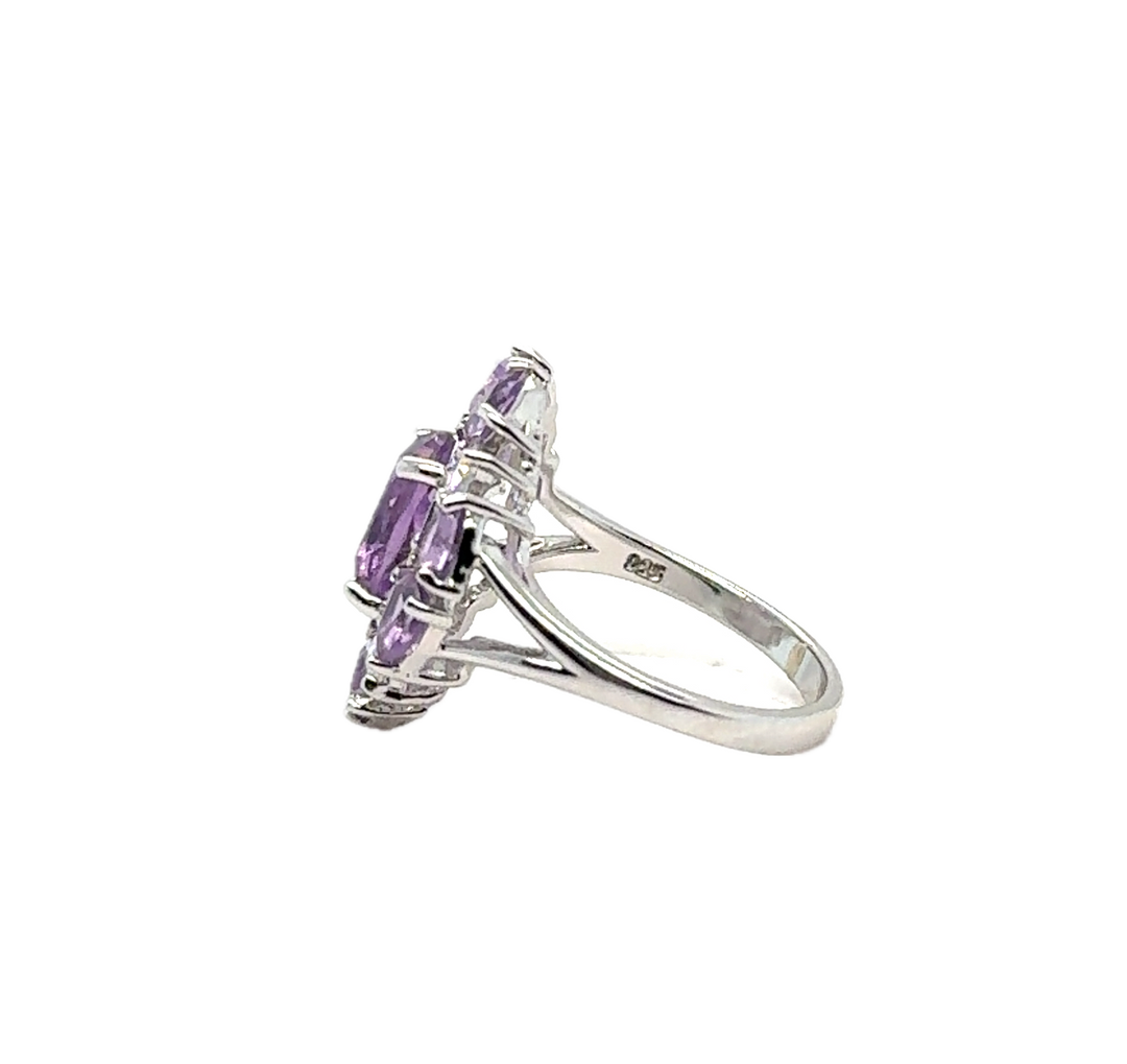 Sterling Silver Fancy Cluster Amethyst Ring