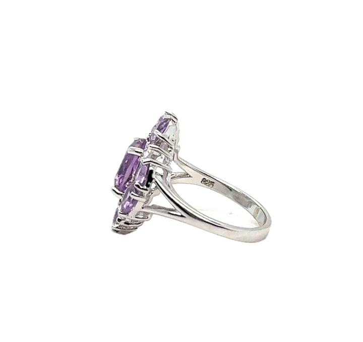 Sterling Silver Fancy Cluster Amethyst Ring