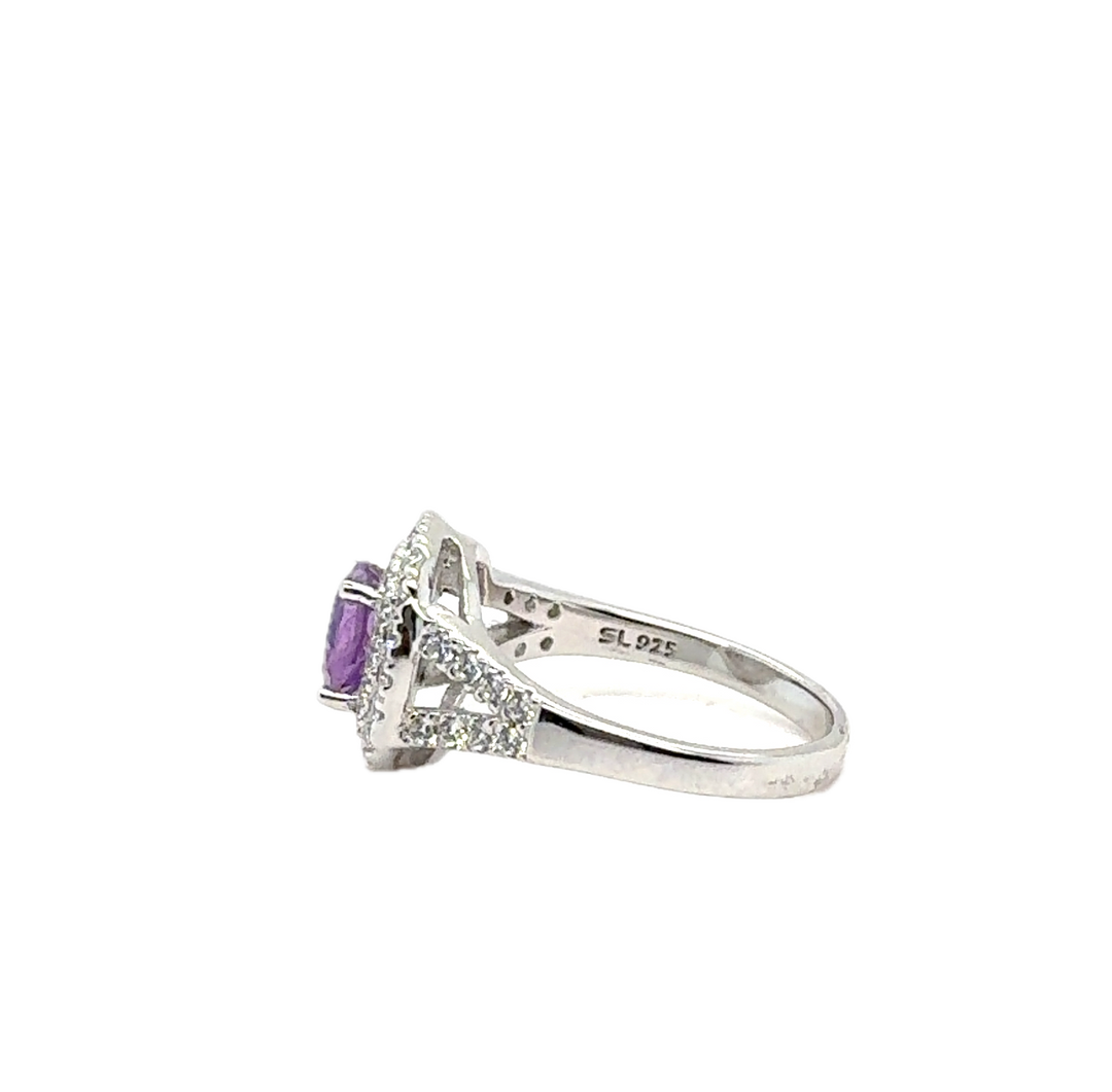 Sterling Silver Fancy Halo Amethyst Ring