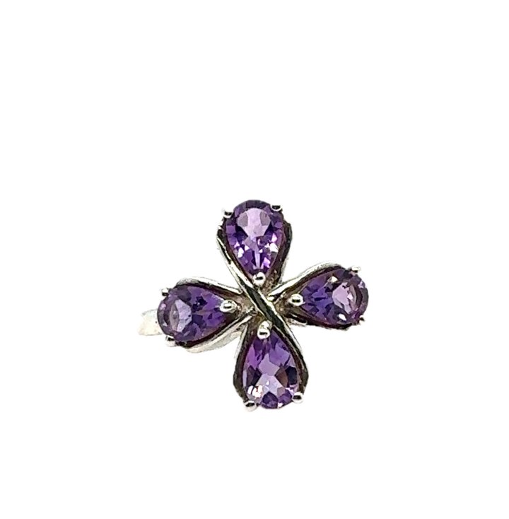 Sterling Silver Four Leaf Clover Amethyst Ring