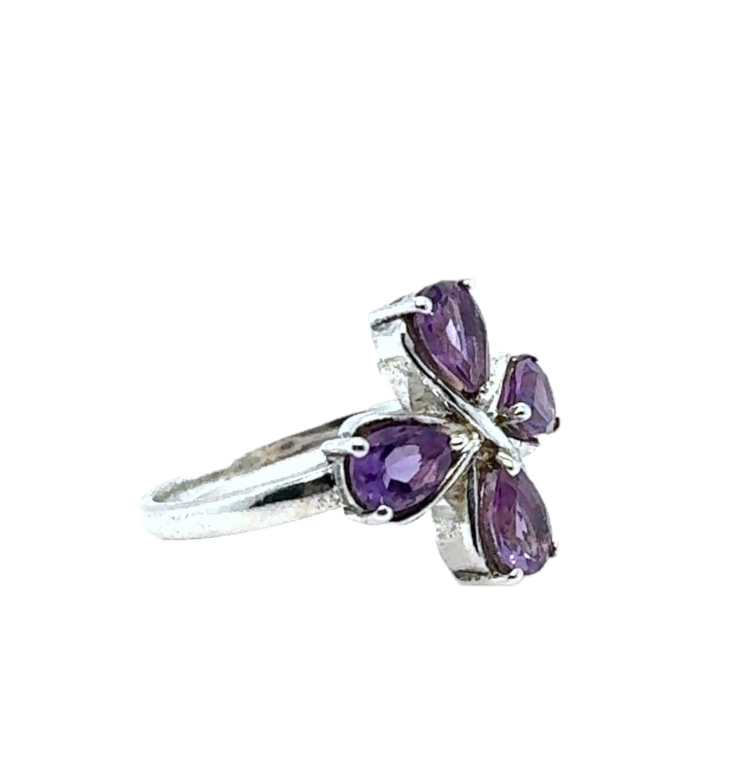 Sterling Silver Four Leaf Clover Amethyst Ring