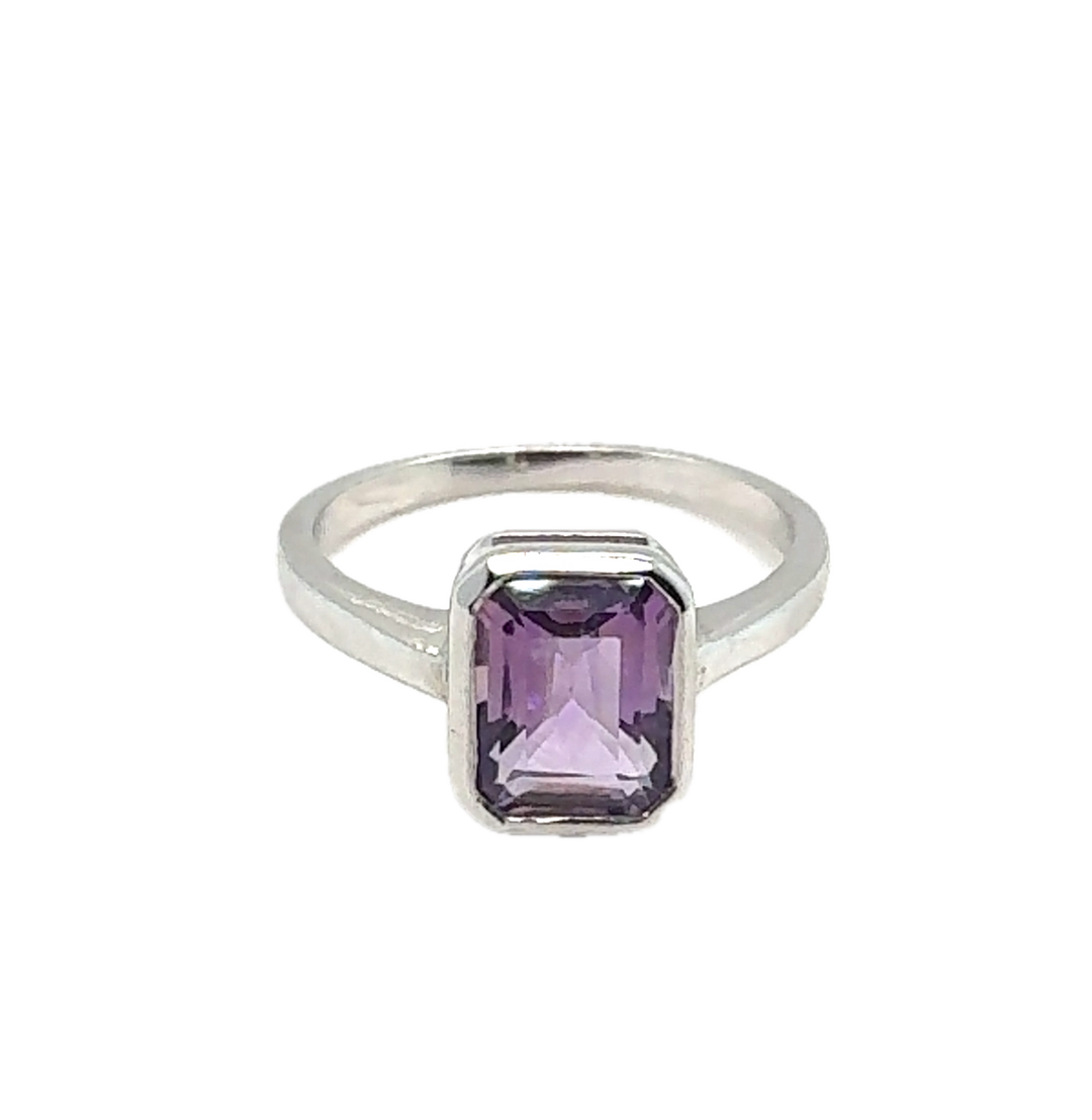 Sterling Silver Emerald Cut Amethyst Ring