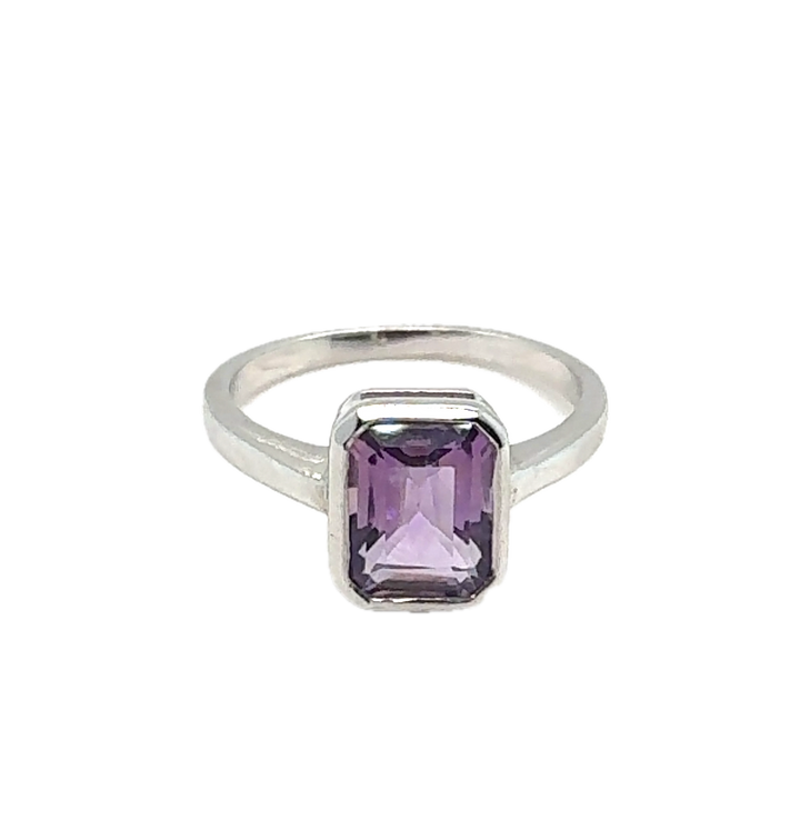 Sterling Silver Emerald Cut Amethyst Ring