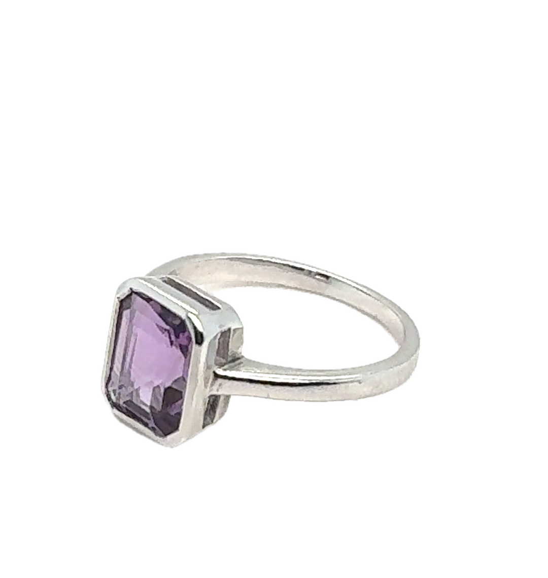 Sterling Silver Emerald Cut Amethyst Ring