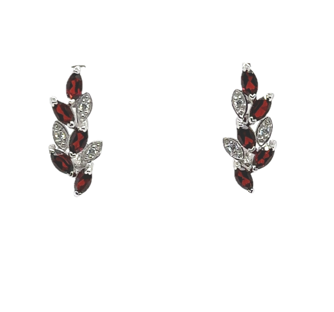 Sterling Silver Garnet Leaf Earrings