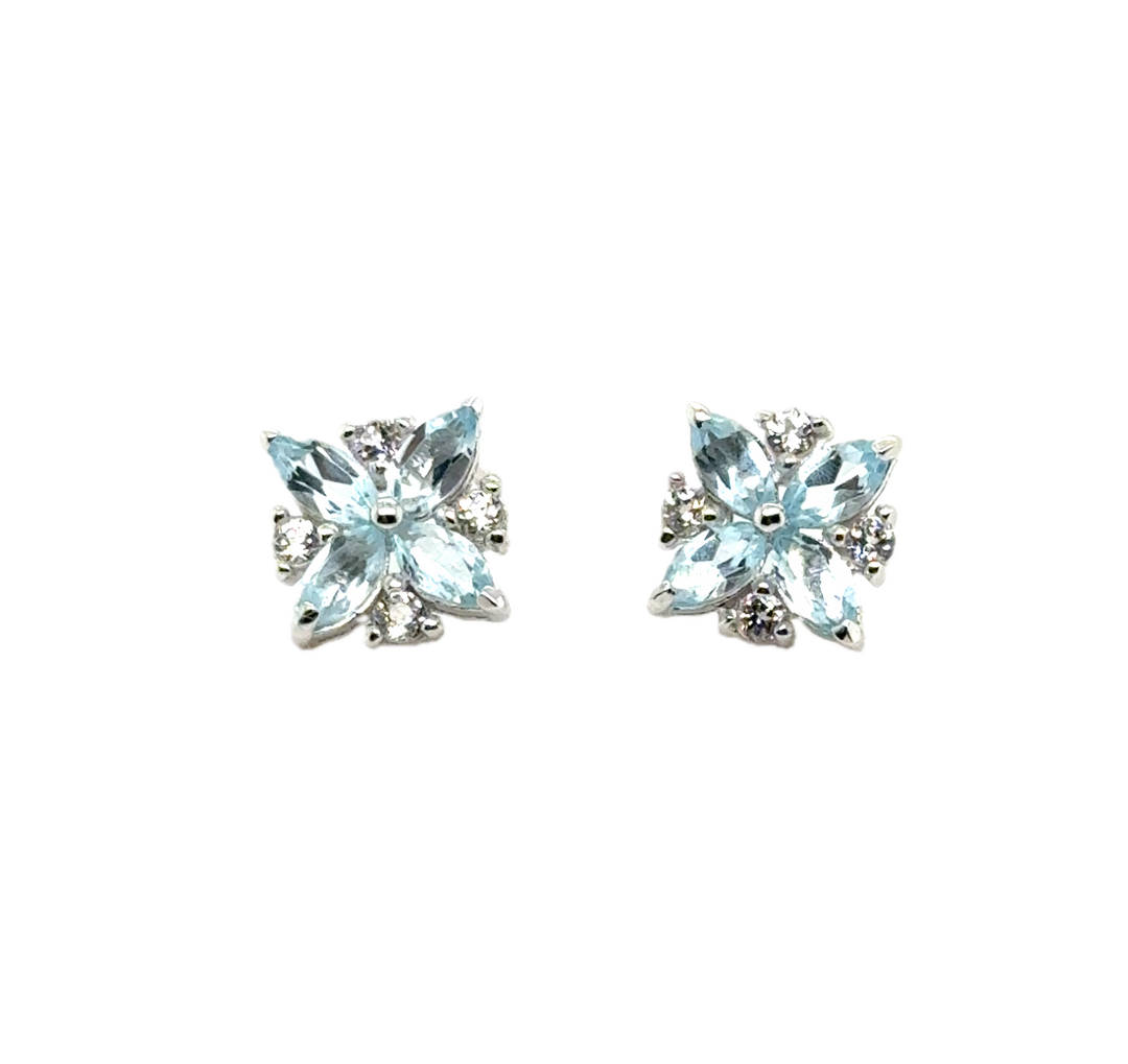 Sterling Silver Blue Topaz Flower Stud Earrings