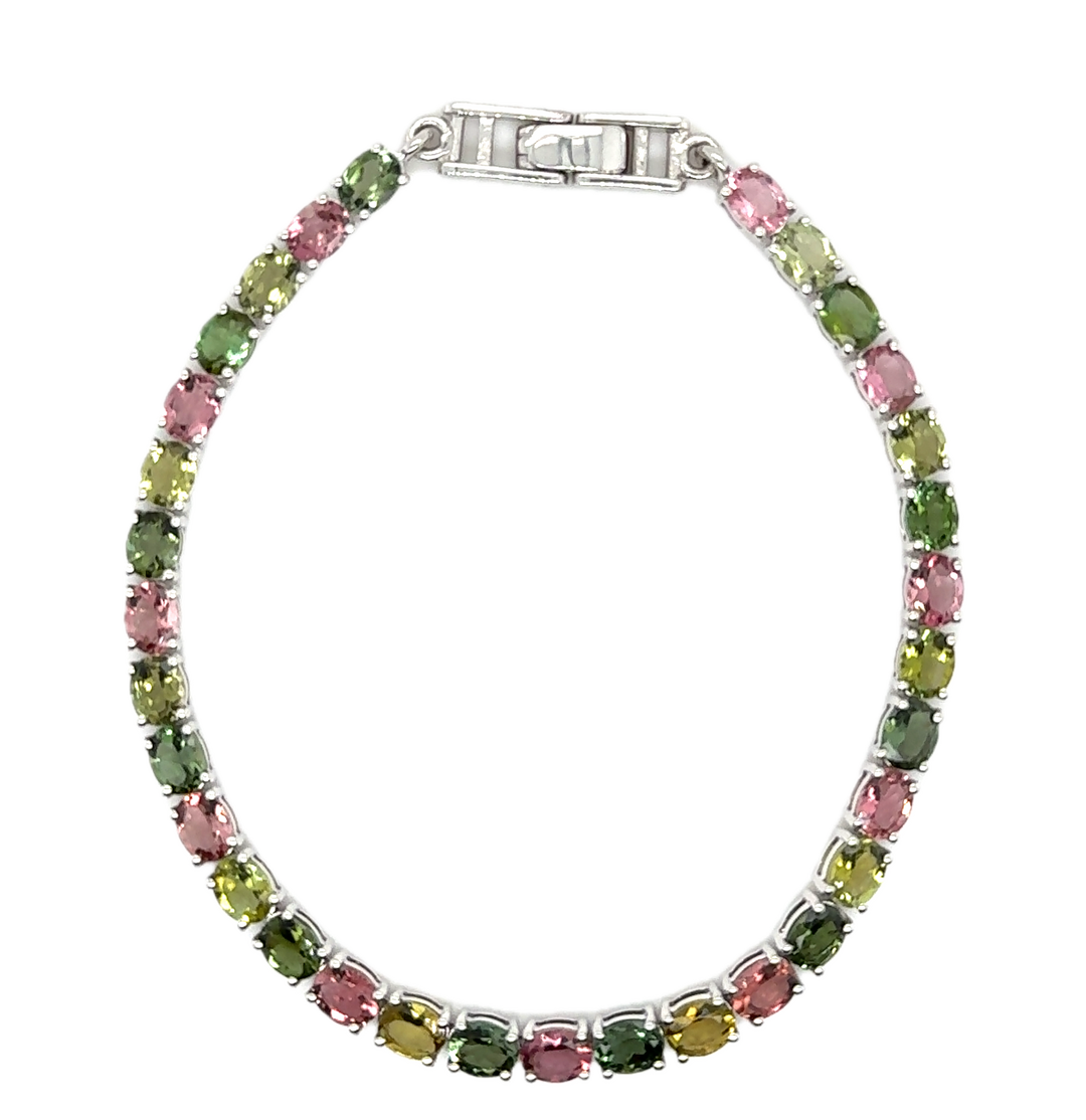 Sterling Silver Pink &amp; Green Tourmaline Tennis Bracelet