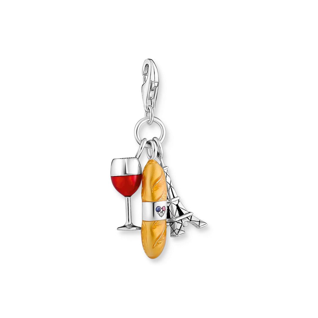 THOMAS SABO Charm Pendant with Red Wine Glass, Eiffel Tower &amp; Baguette