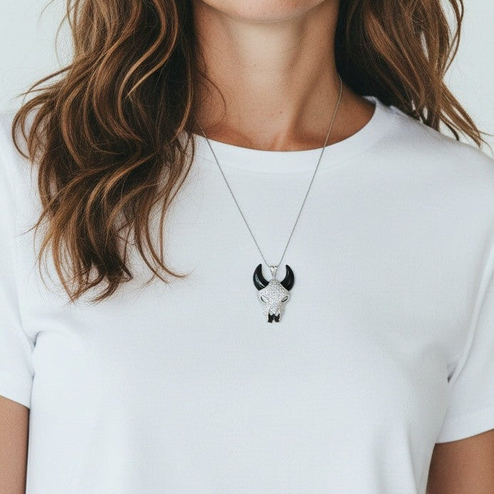 Sterling Silver Black Agate CZ Large Bull Pendant
