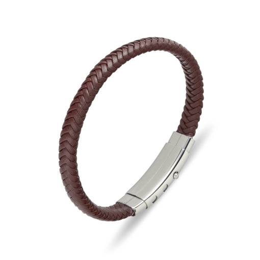 BLAZE Leather Stainless Steel Braided Bracelet Brown Polished Silver
