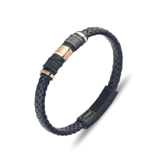 BLAZE Black Leather &amp; Rose Gold Stainless Steel Bracelet