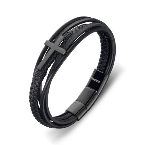 BLAZE Black Leather Multi-Strand Cross Bracelet