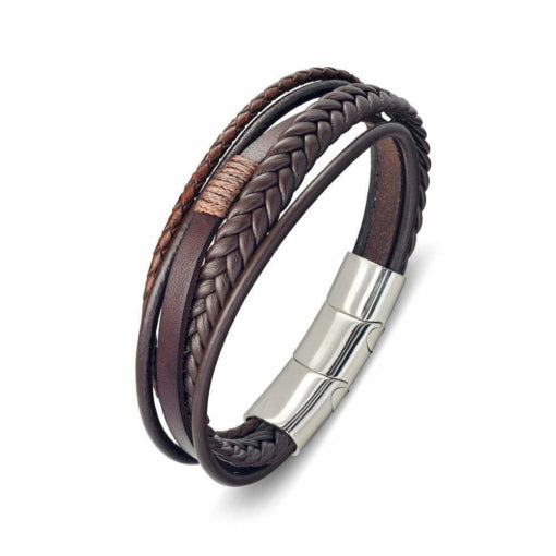 BLAZE Brown Leather Stainless Steel Multi-Strand Bracelet