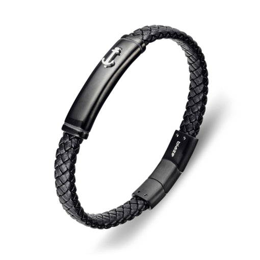 BLAZE Anchor Black Leather Stainless Steel Bracelet