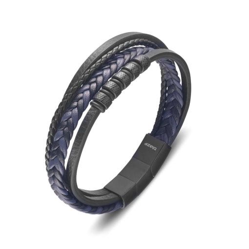 BLAZE Black &amp; Blue Leather Stainless Steel Multi-Strand Bracelet