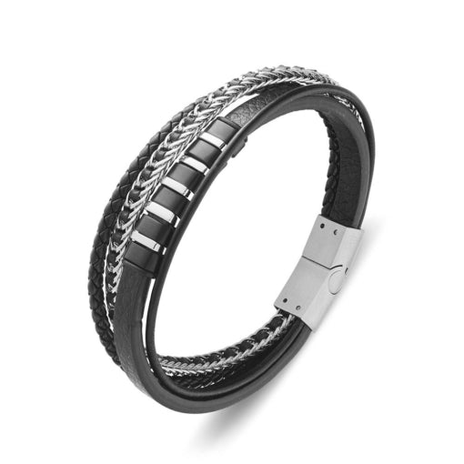 BLAZE Black Leather Stainless Steel Multi-Strand Bracelet