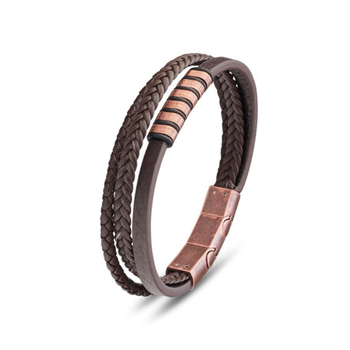 BLAZE Multi-Strand Brown Leather &amp; Patina Rose Gold Bracelet